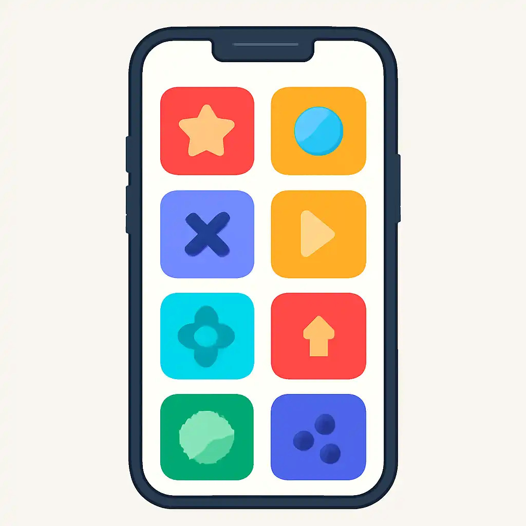 Smartphone shown from the front displaying a colourful flat layout of abstract game icons and rounded tiles (no text, no letters, no labels), BDG Game
