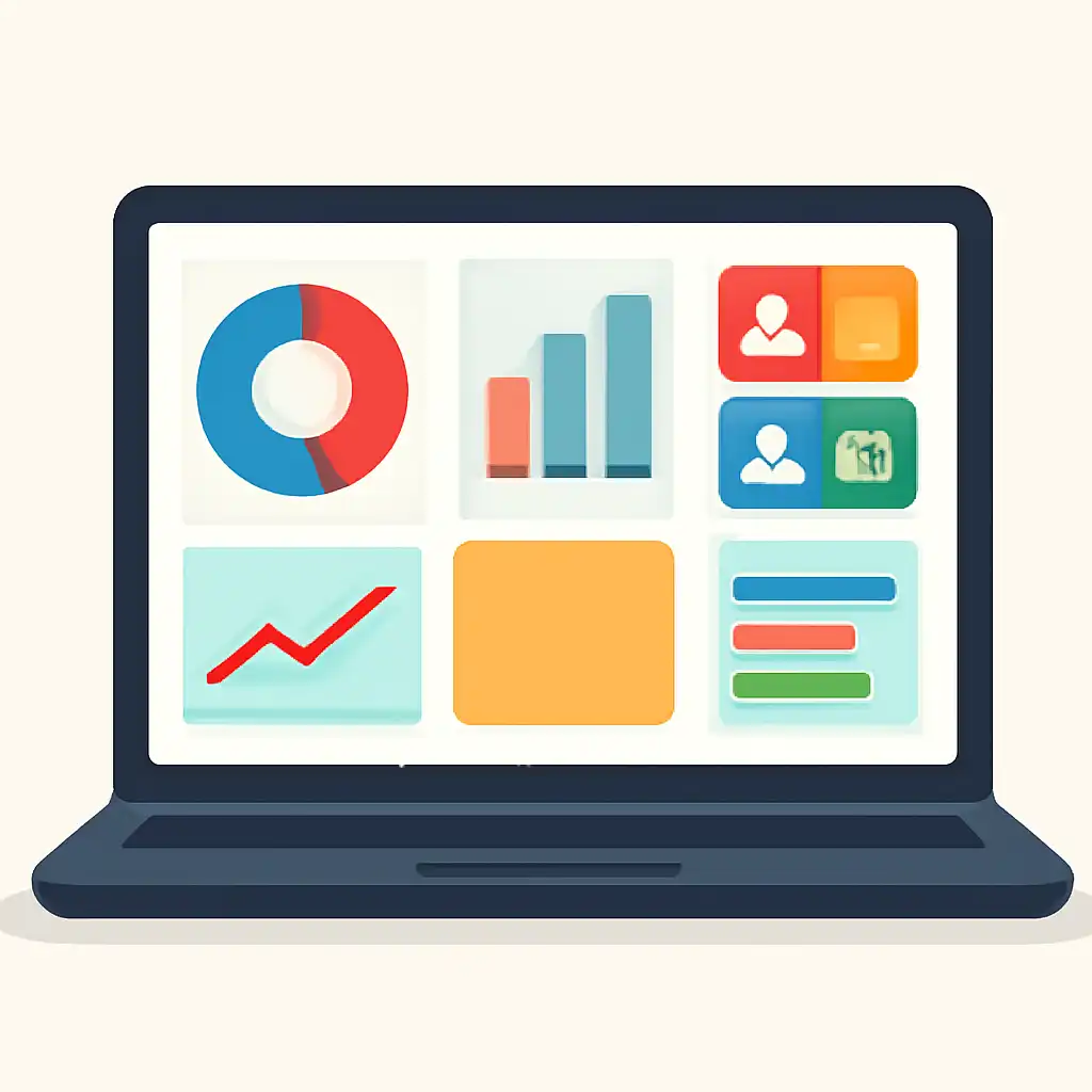 Laptop shown from the front displaying a colourful flat dashboard of abstract charts, bars and icon tiles (no text, no letters, no labels), BDG Game