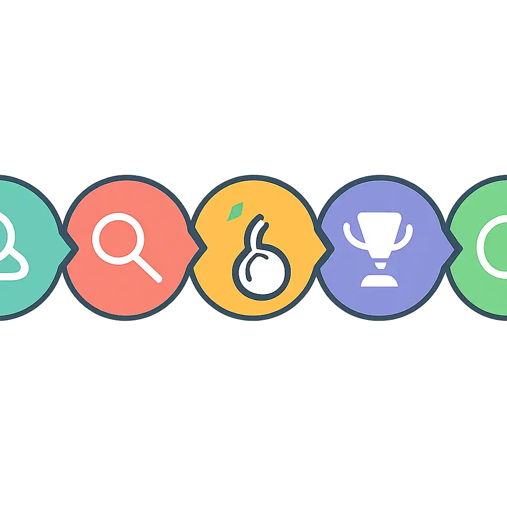 Five numbered circular icons connected by arrows in a horizontal flow, flat illustration, icons only, no words, BDG Game steps